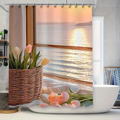 Elegant Sunset Window Shower Curtain Nature Inspired Home Modern Art Design Waterproof Polyester Eco-Friendly Fabric