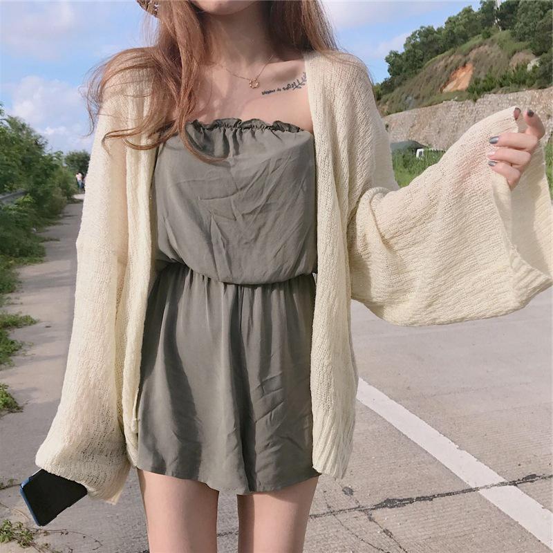 2026 Summer Korean V-neck Beach Style Student Loose Sun Protection Knit Cardigan for Women