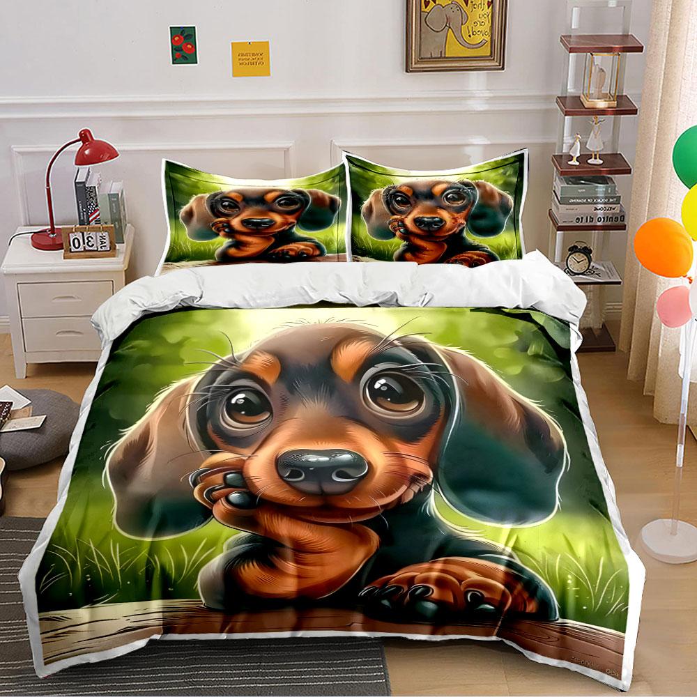 Adorable Cartoon Dachshund Art Bedding Duvet Cover Set (1*Duvet Cover 2*Pillowcases, Without Duvet Insert)