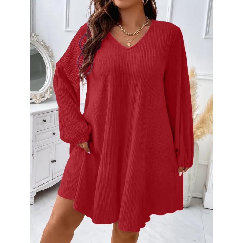 Women Fashion V Neck Long Sleeve Loose Plus Size Midi Dress