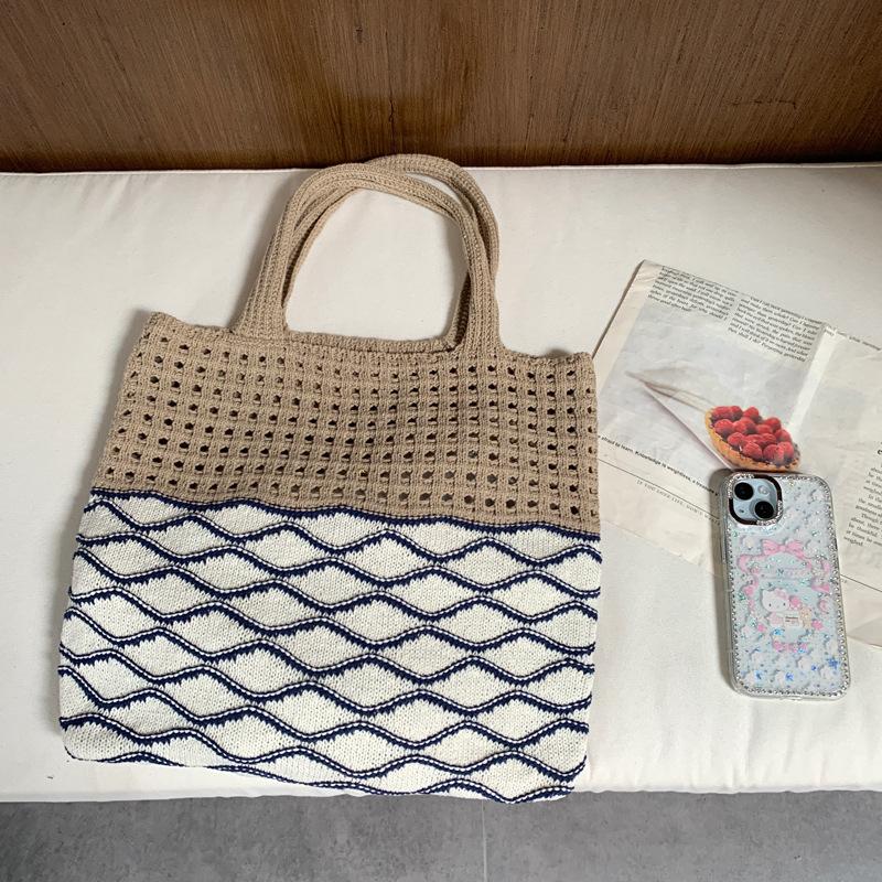

Yogodlns Casual Knitted Large Capacity Hollow out Tote Bag Women s Shoulder Underarm Bag Fabric Material Spring Beach Bag 36x2x31cm хакі