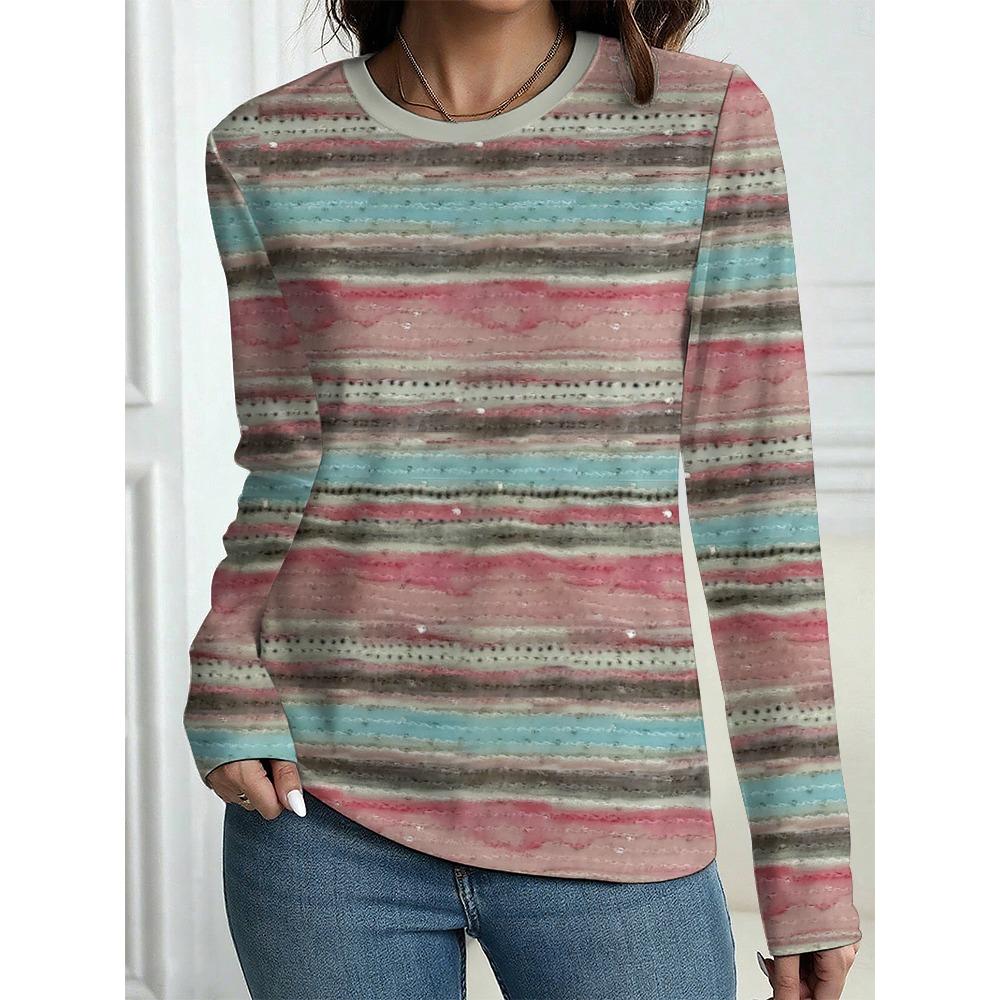 Women's T-Shirt Casual Long Sleeve Stripe Pattern Print Crew Neck Female Oversized Clothing Outdoor Vintage T Shirts