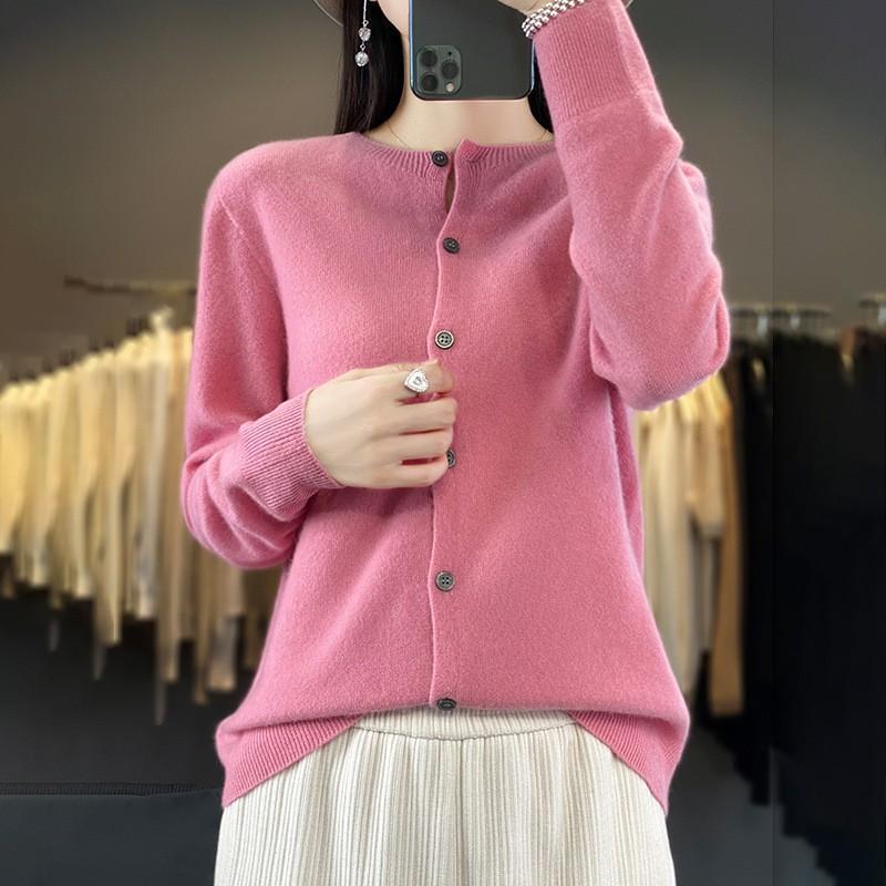Womens Wool Knit Cardigan Sweater Round Neck Long Sleeve Lightweight Outerwear Fall Winter