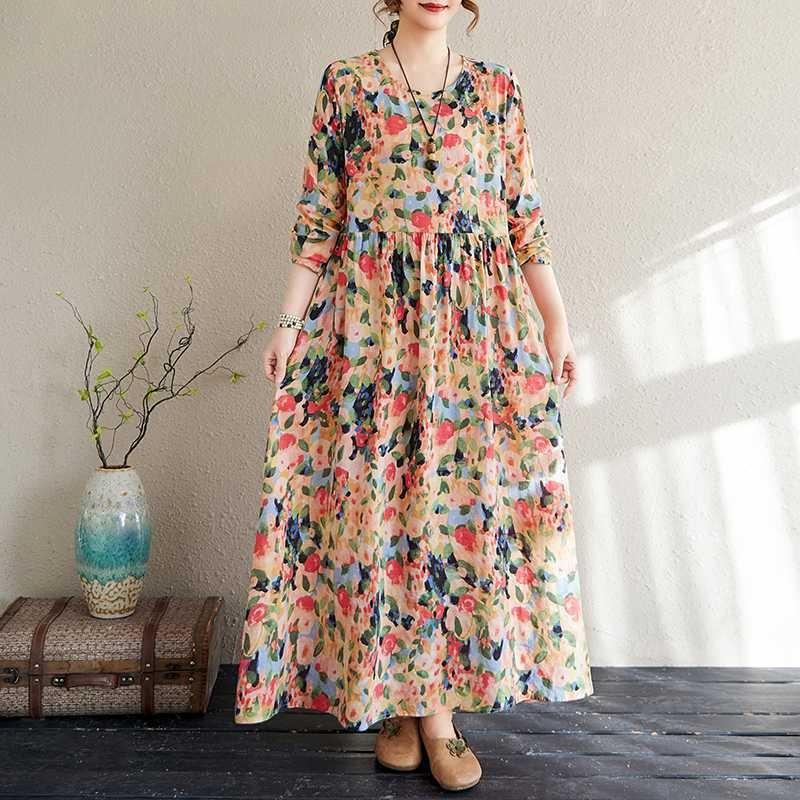 Travel Round Neck Vintage Long Flesh Covering Dresses