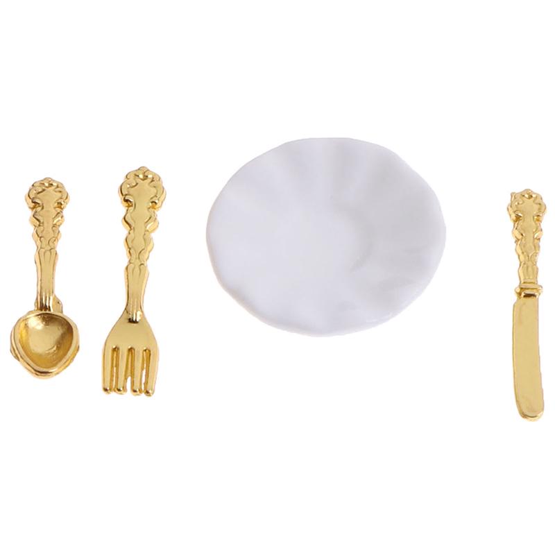 12Pcs/Set Vintage Dollhouse Miniatures Tableware Ceramic Plate Knife Fork Spoon