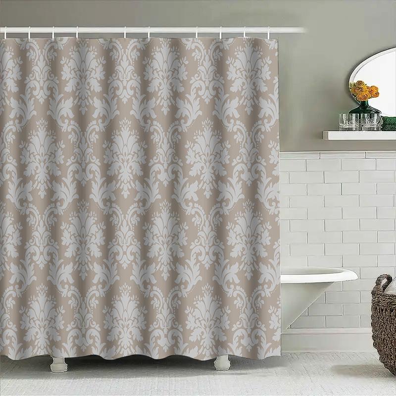 Vintage Damast Duschvorhang: Elegantes Weißes Muster Badezimmerfutter für Heimdekor Beige Grau Set mit Haken Größe 72x84 Zoll