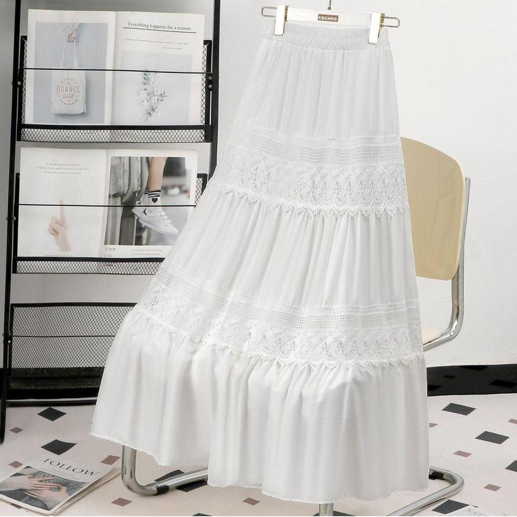 Spring 2026 Elegantly Slimming High-Waisted A-Line Midi Skirt with Lace Panels
