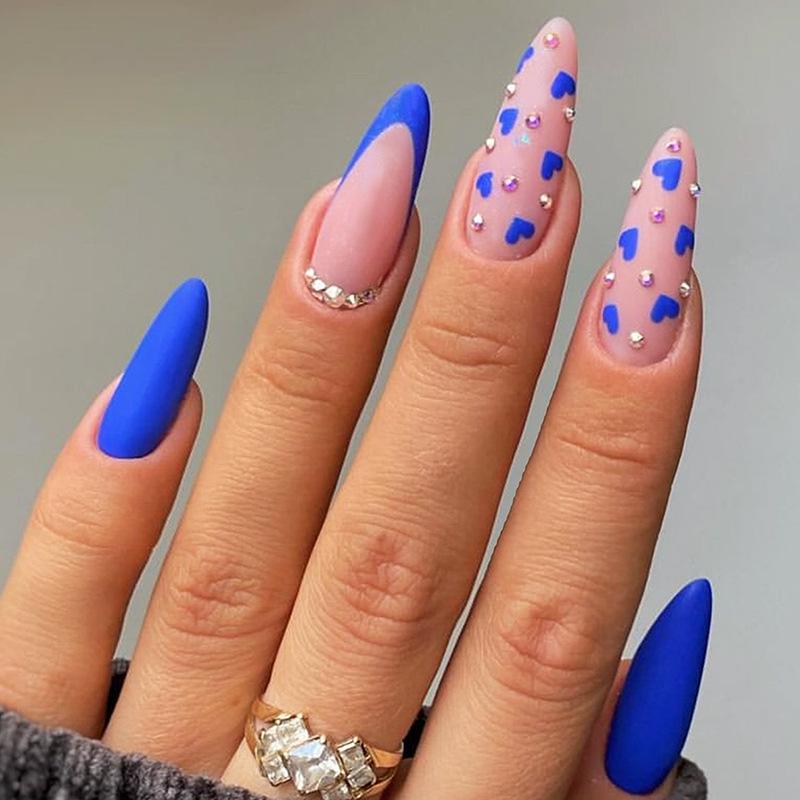 

Heart Blue French Valentine s Almond Press-On Nails