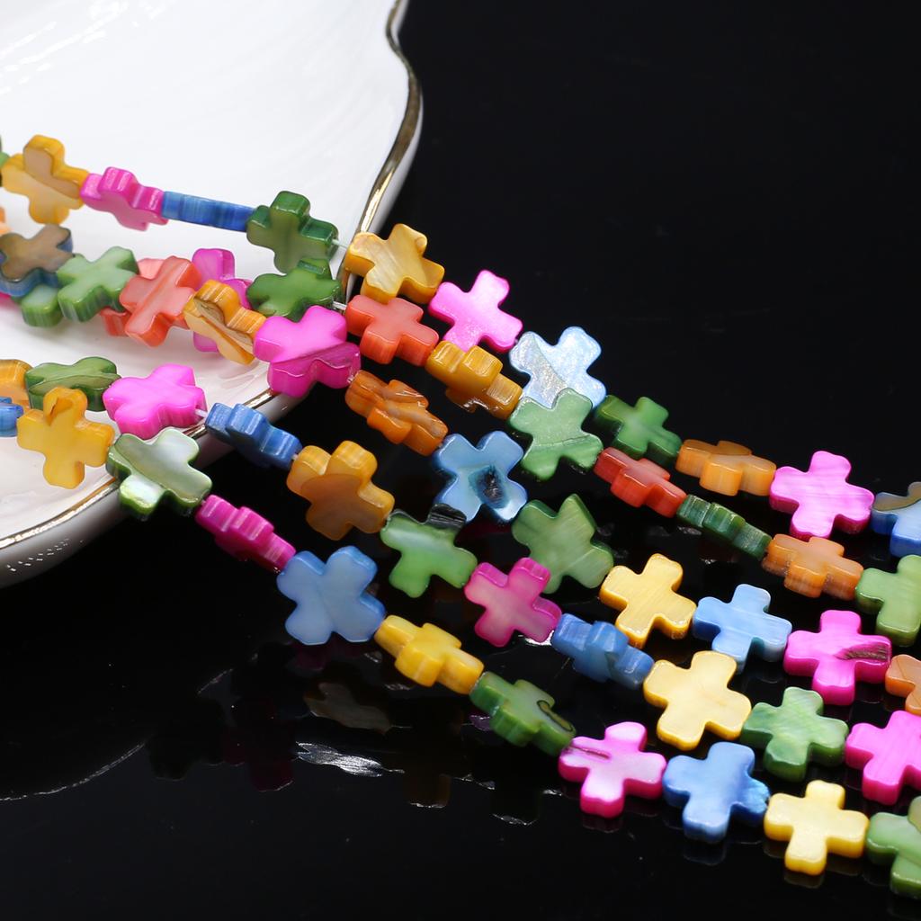 1Fio, Contas de Cruz de Concha Natural para Fabricação de Joias Suprimentos DIY, Presente Cristão Único para Mulheres Meninas, Comprimento 38cm