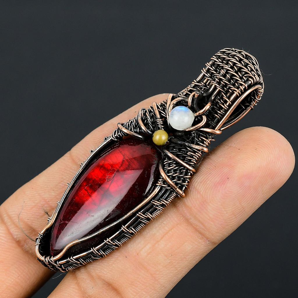 Red Labradorite, Moonstone Handmade Copper Wire Wrap Pendant 2.25" E8D88