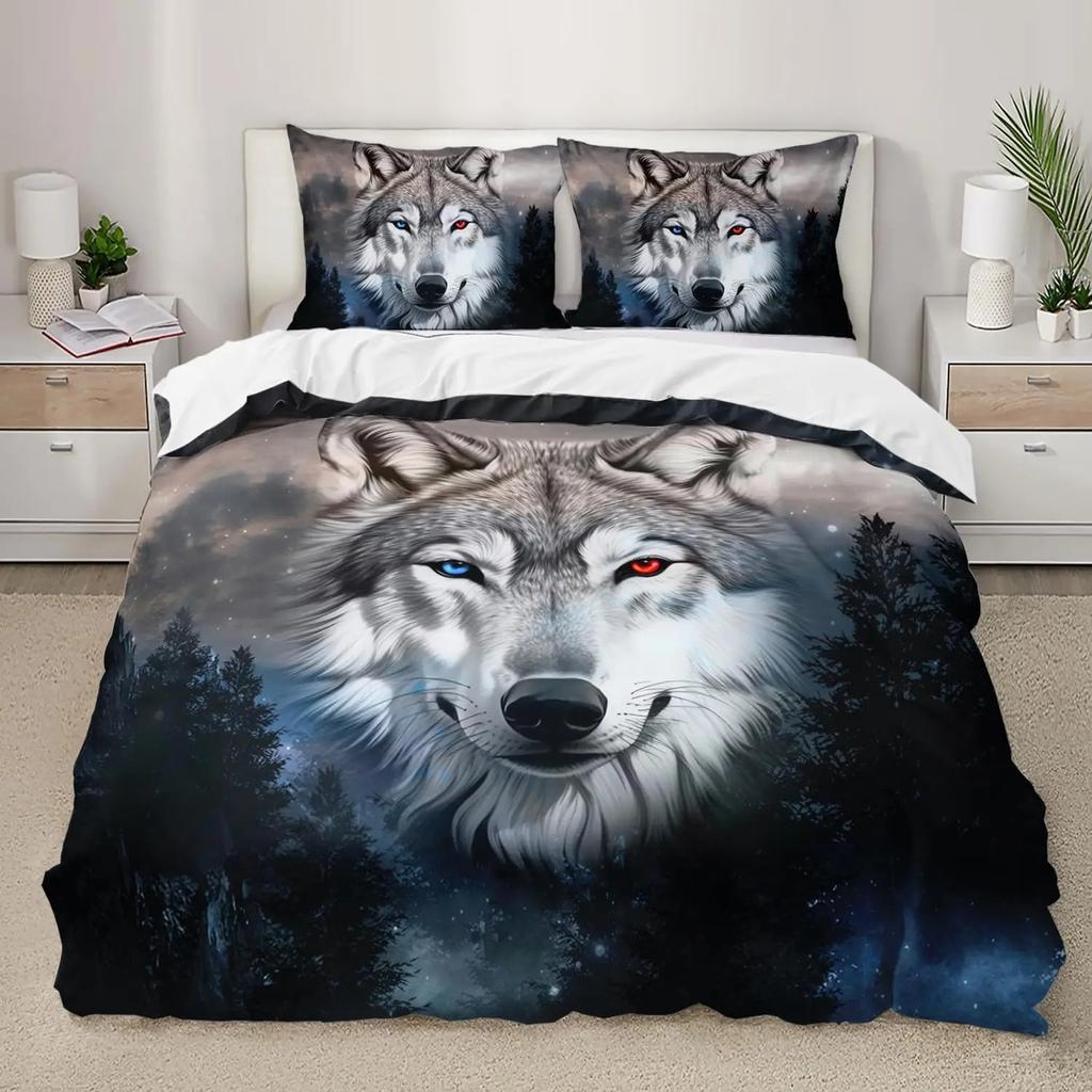 Snow Wolf Duvet Cover Set Full Queen Night Galaxy Starry Wolf Comforter Cover Wild Animals Wolf Themed Bedding Set 2/3 Pieces