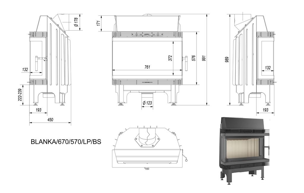 Fireplace Insert KRATKI BLANKA Three Glasses 11 kW Ø180 Installation Kit