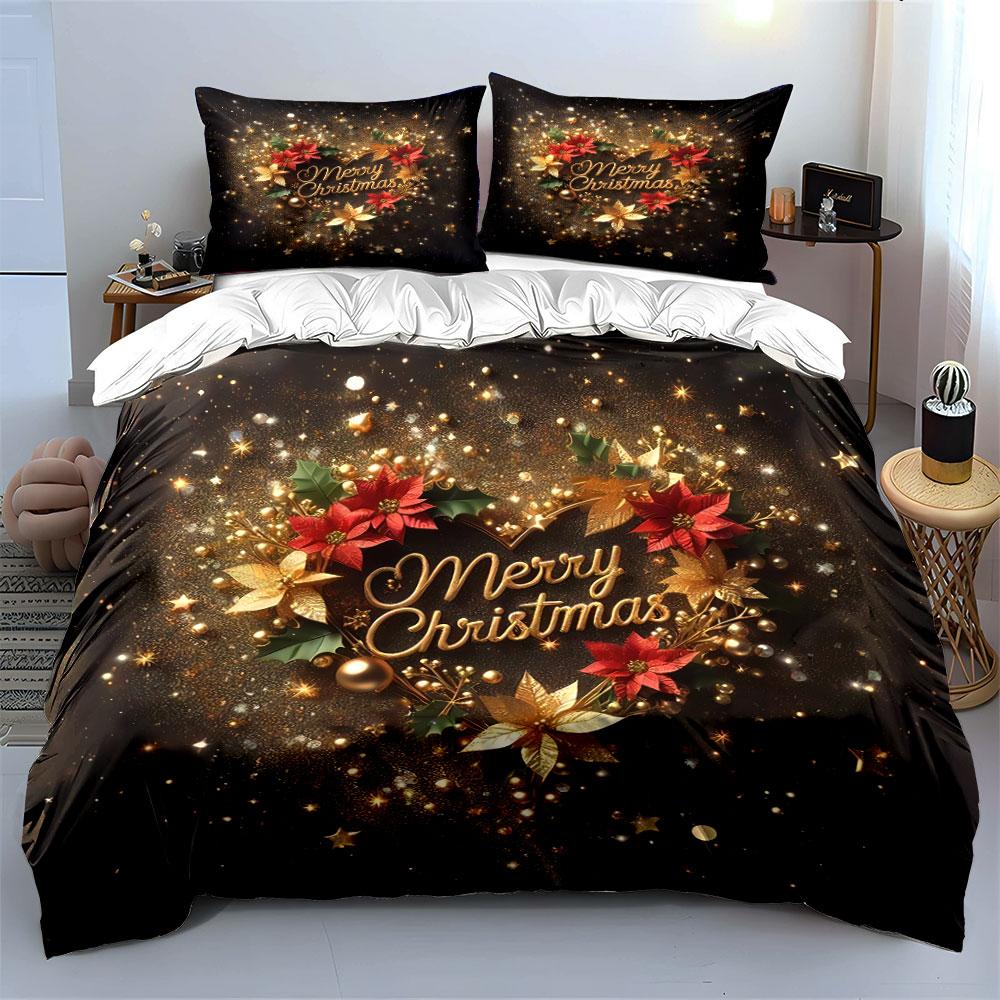 Merry Christmas Golden Wreath Bedding Duvet Cover Set Duvet Cover Pillowcases  (1*Duvet Cover 2*Pillowcases, without duvet insert)
