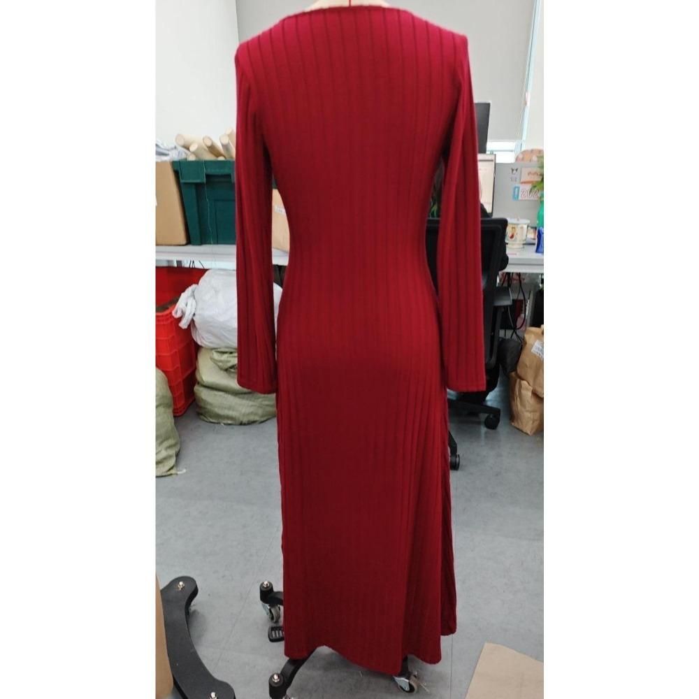 Fashion Slim A-line Maxi Dress for Women Autumn Winter Solid V-neck Bodycon Dress Long Sleeve Elastic Knitted Wedding Dresses