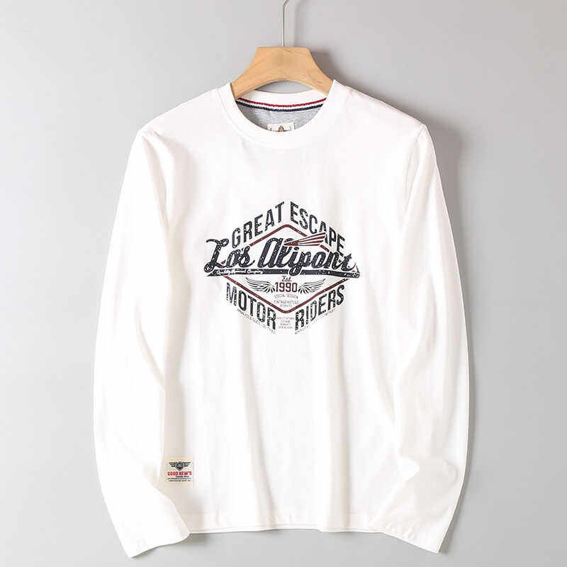 Foreign Trade Export Cattle Goods Overplus Order Cotton Washed Sanding Print T-shirt Men's Spring and Autumn Loose Long sleeve Bottoming Shirt Fashion