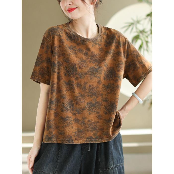 Large Size Women's New Style Literary Short-sleeved T-shirt Retro Printed Loose Casual Slim Pullover Top for Women
