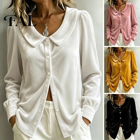 Autumn Shirt Fall Winter Women Velvet Shirt, Regular Fit Button Down Long Sleeve Daily Wear Shirts Top, Soft Solid Color Lapel Collar Blouse for Lady