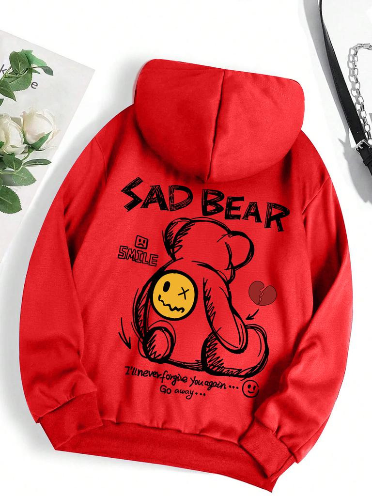 Funny Bear Cartoon Pattern Print Women Hoody Pocket Basic Versatile Top Hip Hop All-Match Comfortable Hoodie Fleece Clothes