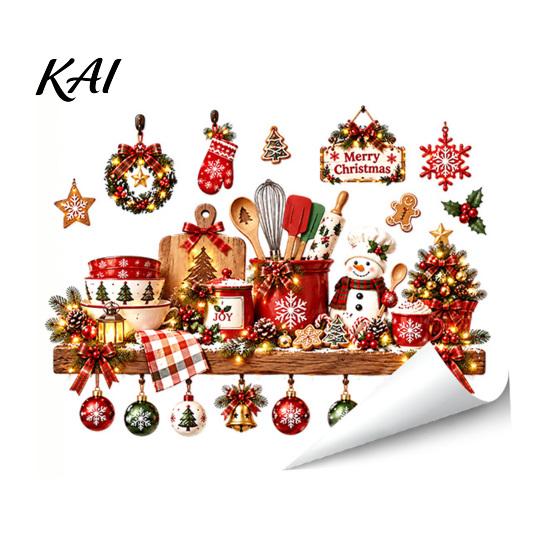Christmas Party Scene Decoration Kitchen Wall Sticker, Self Adhesive PVC Decal, Festive Utensils Easy Apply Holiday Art Seasonal Holly Gingerbread Man
