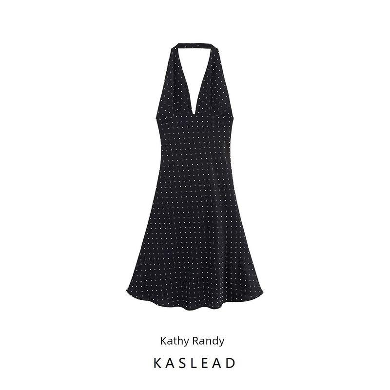 Kaslead New Arrival Women's Clothing Fashion Style Silm Polka Dot Hanging Collar Dress 3321567