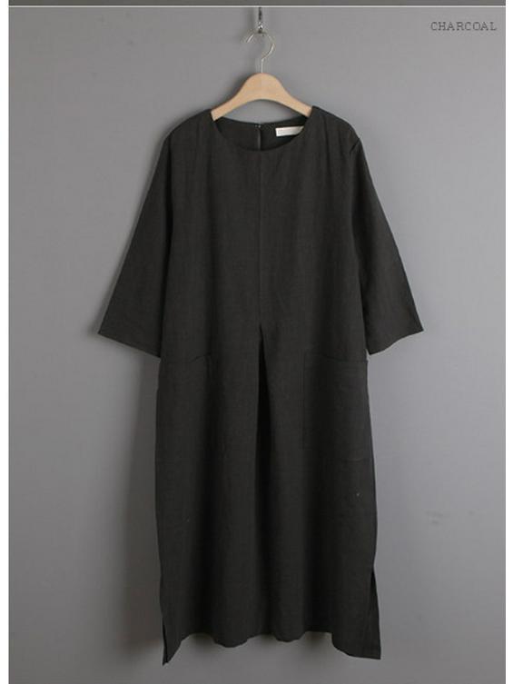 Women's Korean Style Cotton Linen Mid-Length Dress with Pockets - Plus Size, Loose Fit, Casual Fashion
