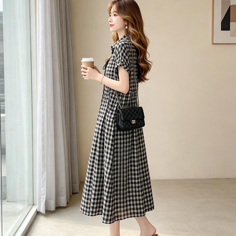 Fashion plaid button-tie polo collar dress temperament women's summer large size loose waist A-word long dress