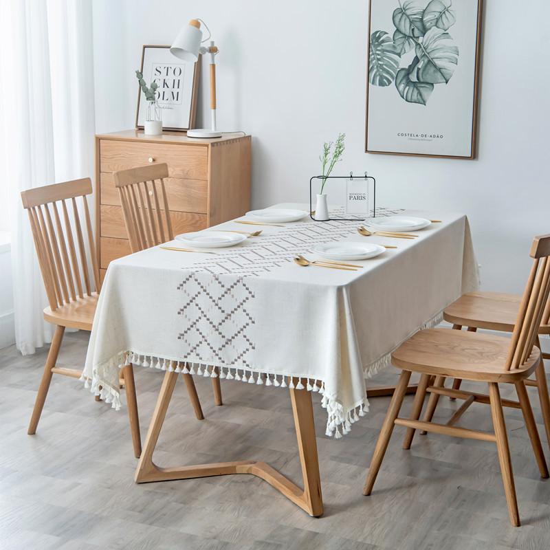 Embroidered Plaid Flower Tassel Tablecloth Rectangular Coffee Table Anti-fouling Decorative Tablecloth Tablecloth