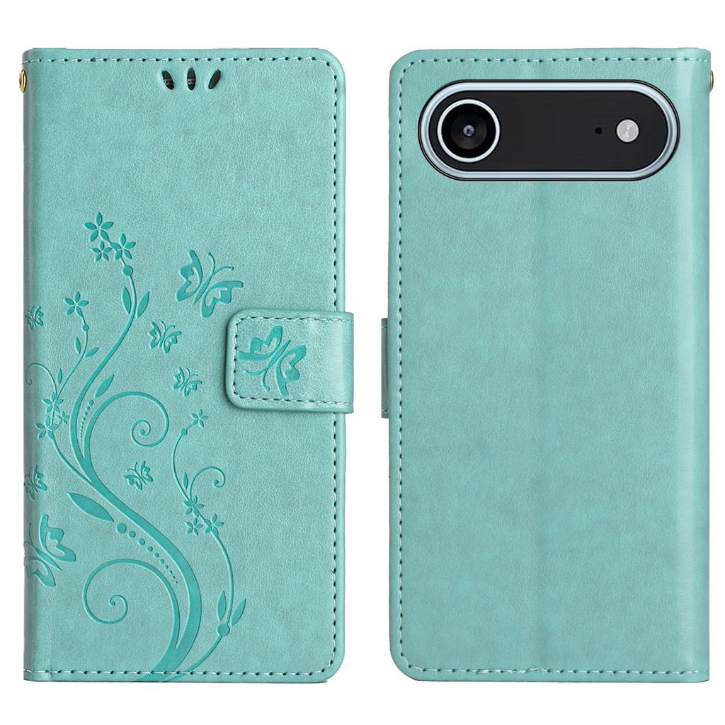 For iPhone 17 Leather Wallet Case Butterfly Flower Imprinted Phone Cover with Strap