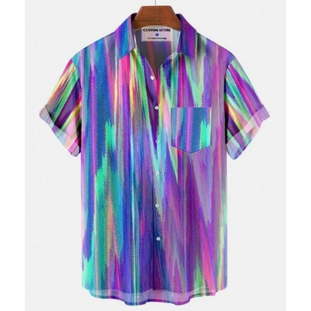 Men's Gradient Striped Short Sleeve Shirt, Loose Fit Casual Button-Down Top for Daily Commute and Vacation Wear