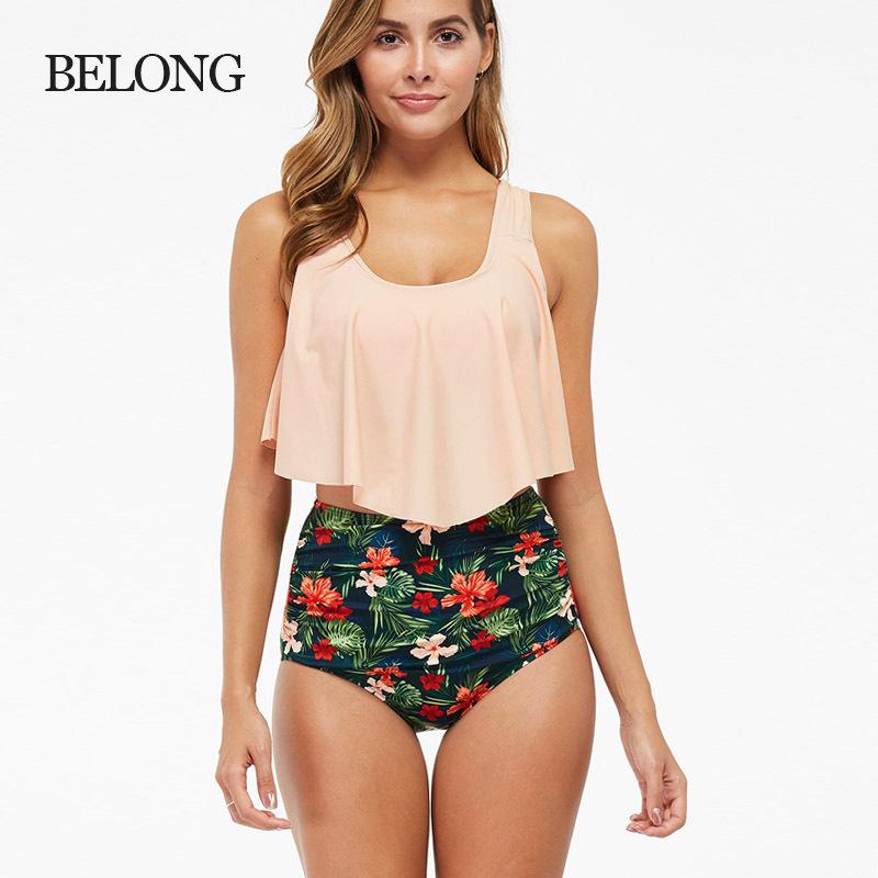 Large Size Women's Fashion Modest Two Pieces Swimsuit Padded Ruffled Top High Waisted Bottom Swimwear Set Printed Backless Tankini Bathing Suit