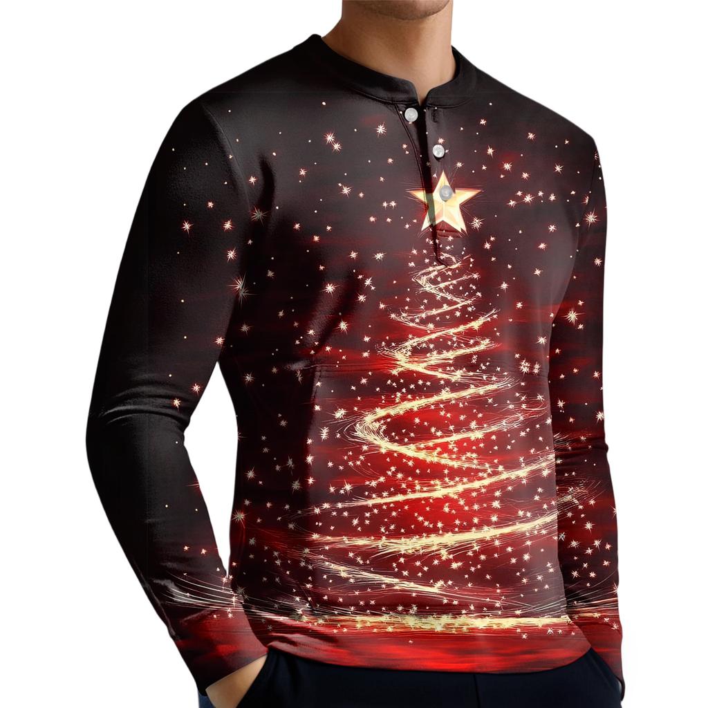 Men's Casual Button-Down Sweatshirt Fashion Printed Long Sleeve Shirt Pullover