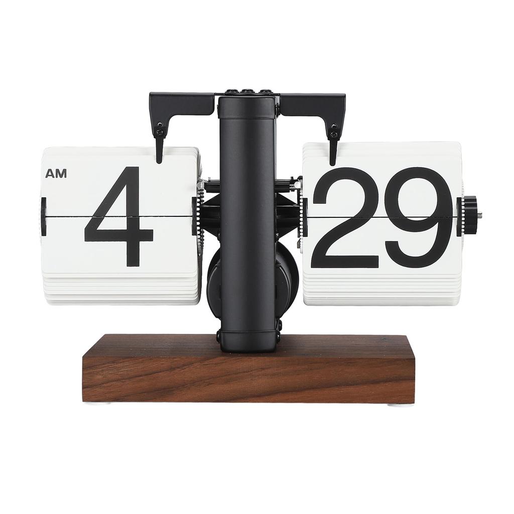 Digital Flip Clock 12h Single Sided Large Numbers Automatic Retro Mechanical Flip Clock Wood Base for Living Room