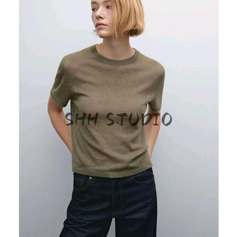 MD Spring New Women's Clothing French Style Casual Light Soft Wool Blended Round Neck Short Sleeve T-shirt 5620617