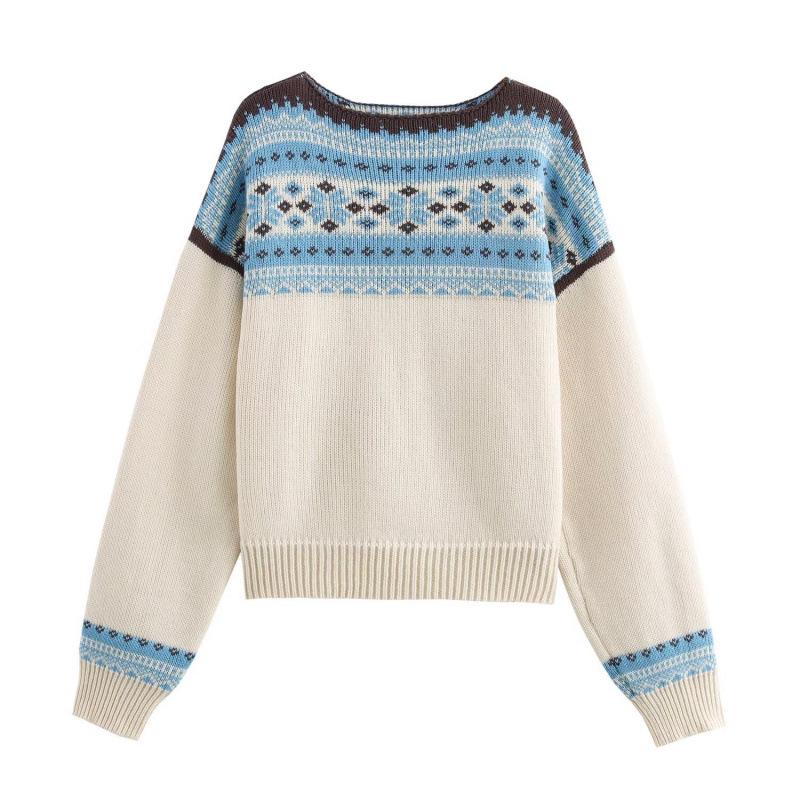 

Европейский и американский ретро цветочный женский вязаный пуловер - Зимняя уличная мода Medium грязно-белый