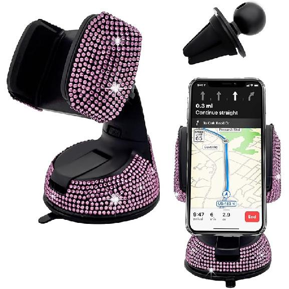 Bling Car Phone Holder, 360 Degree Adjustable Crystal Auto Dashboard Air Vent Cell Phone Mount, Universal Car Phone Holder Mount for Windshield розовый