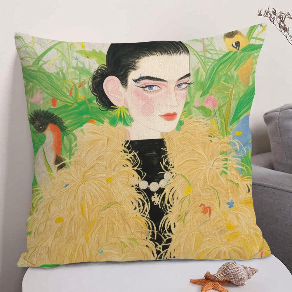 1PC Fashion Illustration Cushion Cover Natural Linen Organic Fabric DoubleSided Printing Sofa Home Decor Gift Pillow Case