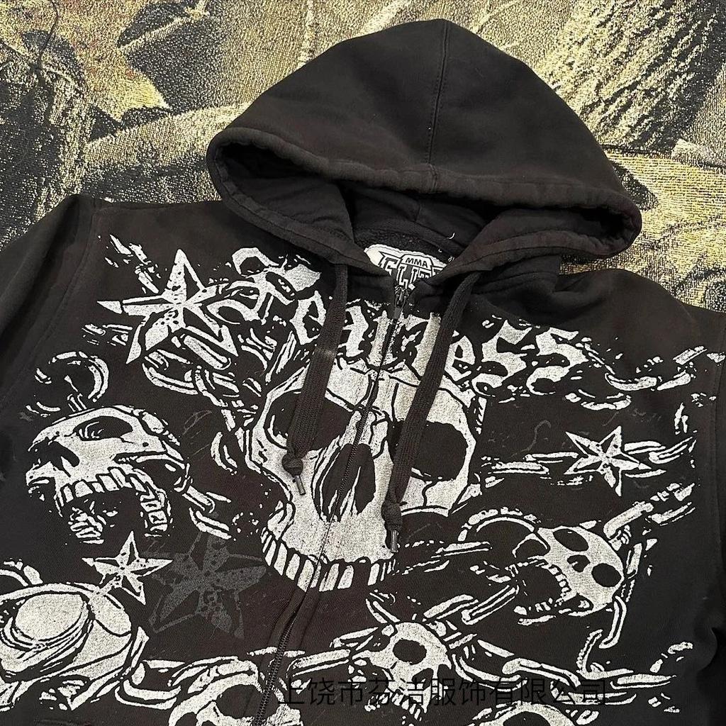 2026 American Retro Old Goth Print Hooded Sweater Men's and Women's Loose Street Casual Zipper Top