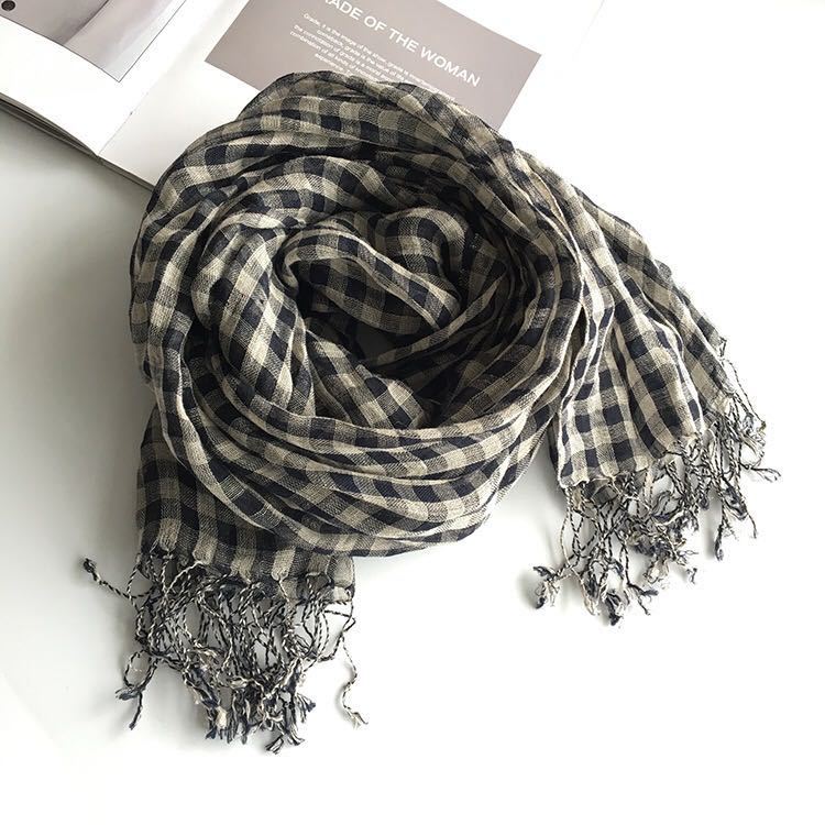 Pure Rain And Dew Linen Primary Color Navy Blue Small Checkered Scarf, Literary And Versatile Scarf