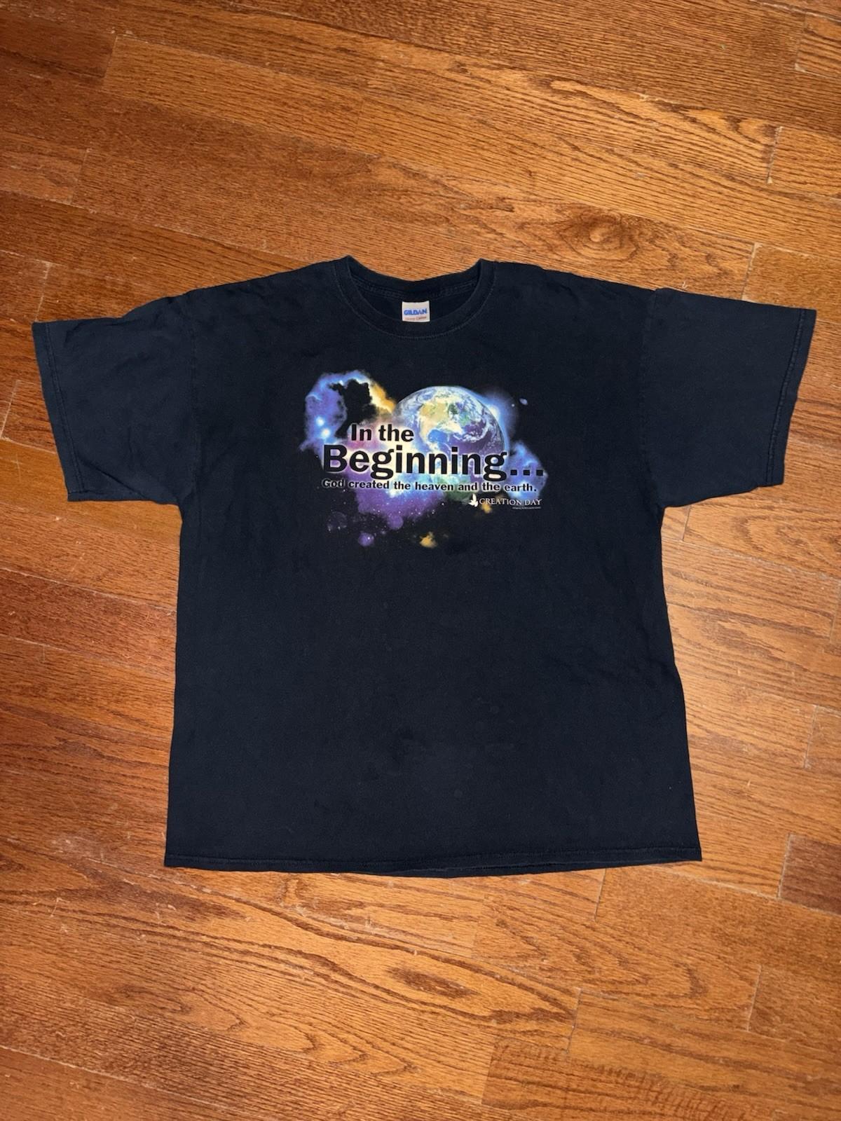 Creation Day In The Beginning Jesus T Shirt Mens XL Black Y2K Vintage Earth Art Unisex T-Shirt S