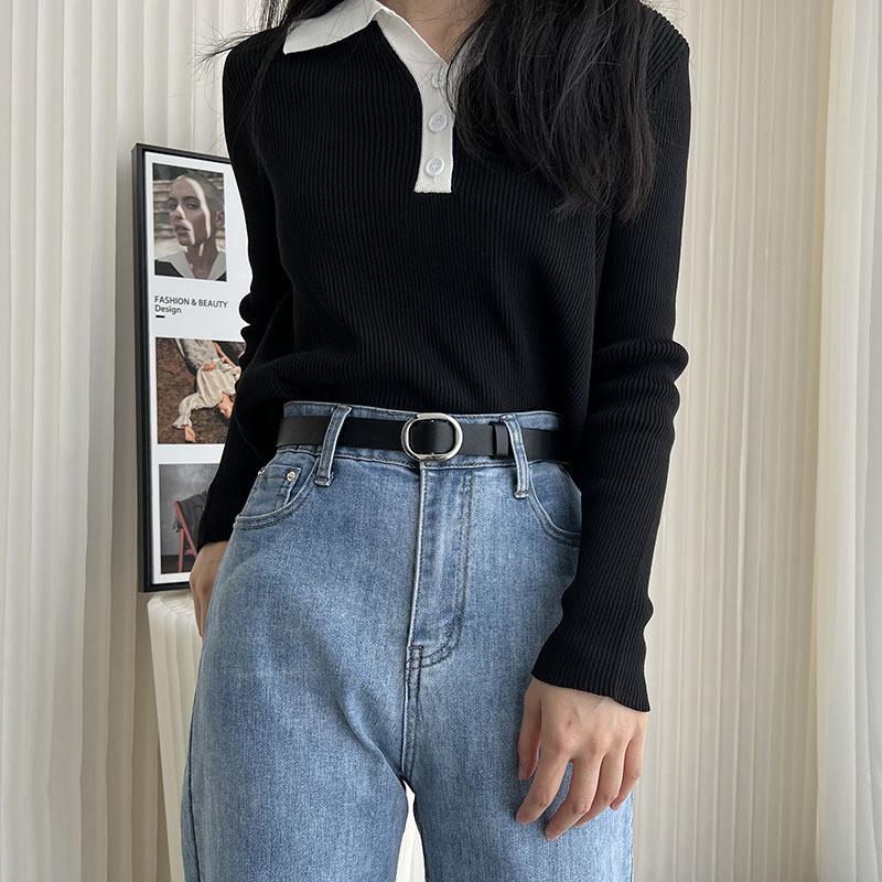 Elegant Black Lambskin Leather Women's Belt With Smooth Buckle For Chic Style And Versatile Fashion