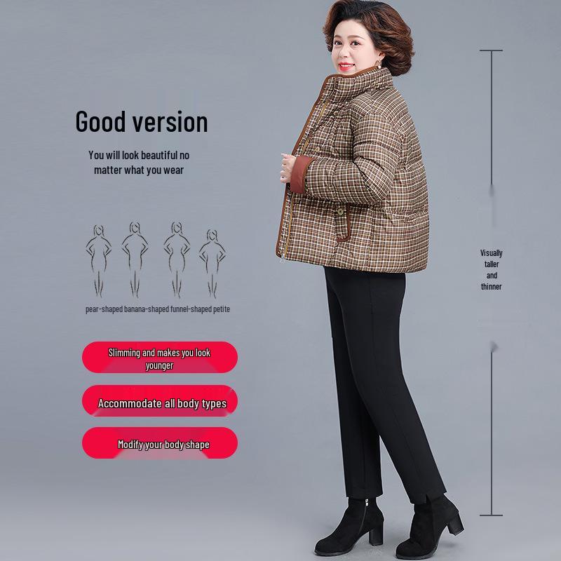 Middle-aged Women's Plus Size Winter Plaid Down Jacket - 2025 Style with Stand-up Collar