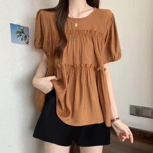 

Women s Short Sleeve Shirt Summer Shoulder Level Top Waist Shaping Slimming Loose Fitting Hide Belly Meat Covering Top 6XL кавовий