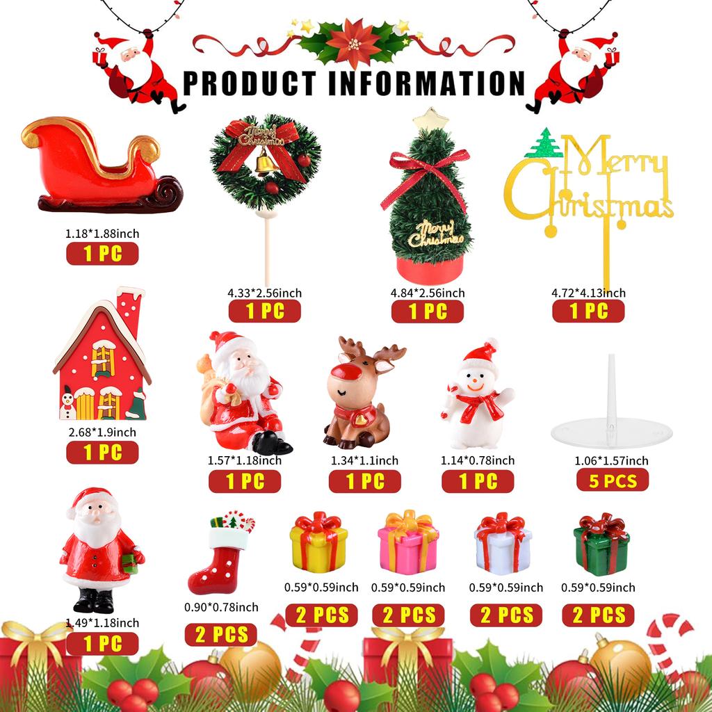 Christmas Cake Topper with Craft Christmas Tree Mini Santa Sleigh Reindeer, Snowman Cake Decoration and Xmas Party Ornaments