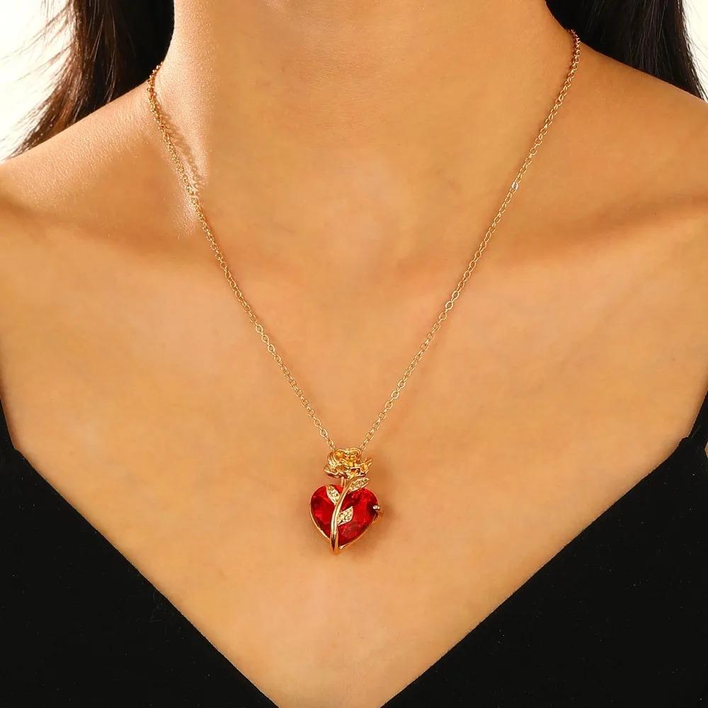 Gotische Y2K Rotes Herz und Rose Anhänger Halskette, Lässiger Modeschmuck für Damen, Das Ideale Geschenk