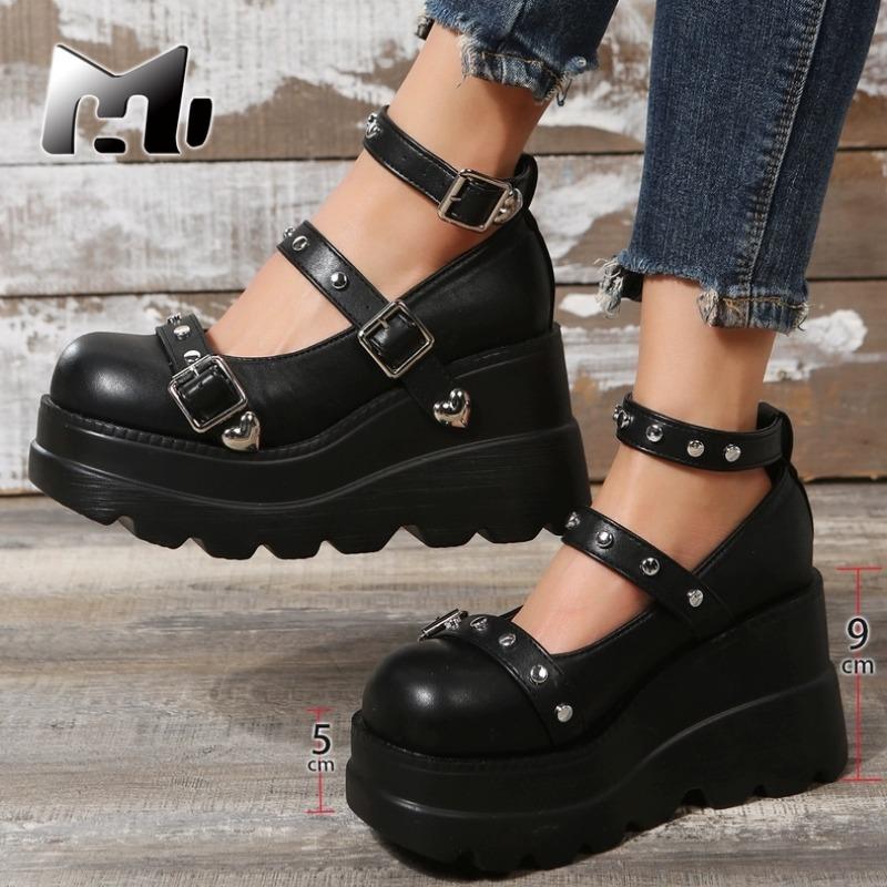 Fashion Women Ankle Boots Trend Luxury High Heel Platform Shoes Classic Belt Buckle Punk Lolita Shoes Women 2025 New Wedge Ladies Boots