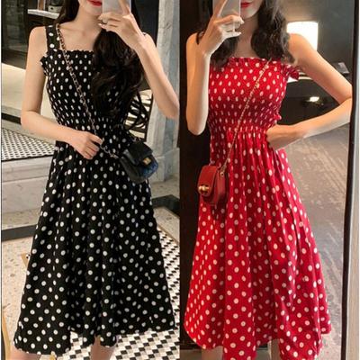 Women's Fashion Summer Spring Polka Dot Print Sleeveless Suspenders High Waist Casual Dresses