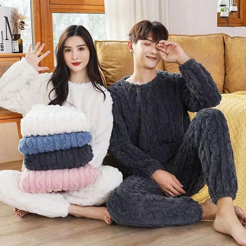 Thickened Jacquard Shu Cotton Fleece Pajama Set for Couples - Women's Solid Color Winter Homewear