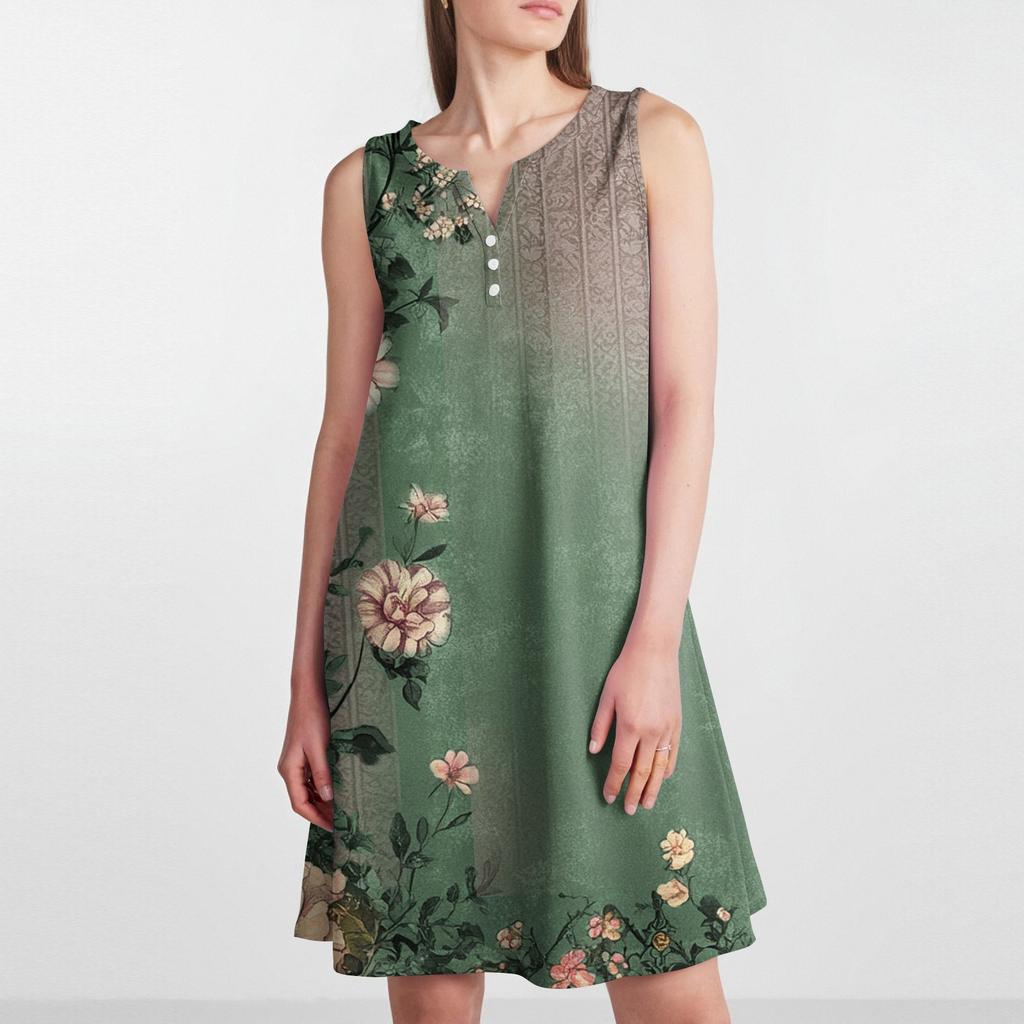 Dámské ležérní vintage květinové šaty bez rukávů s výstřihem do V, knoflíky a bočními kapsami