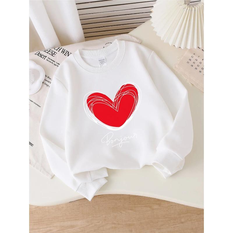 European sizes Kids' Crewneck Sweatshirt - Red Heart with White Lines And Cursive , Sportswear And Casual Wear, Soft And Comfortable