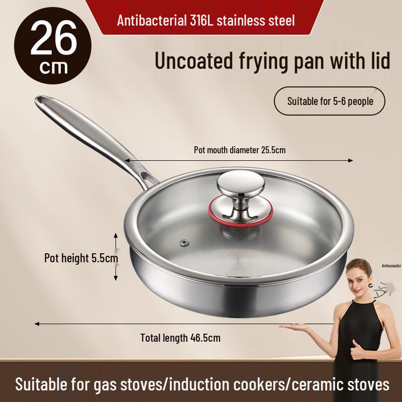 316L Stainless Steel Flat-Bottom Frying Pan with Lid, Non-Stick & No Coating, Multi-Purpose for Stir-Fry